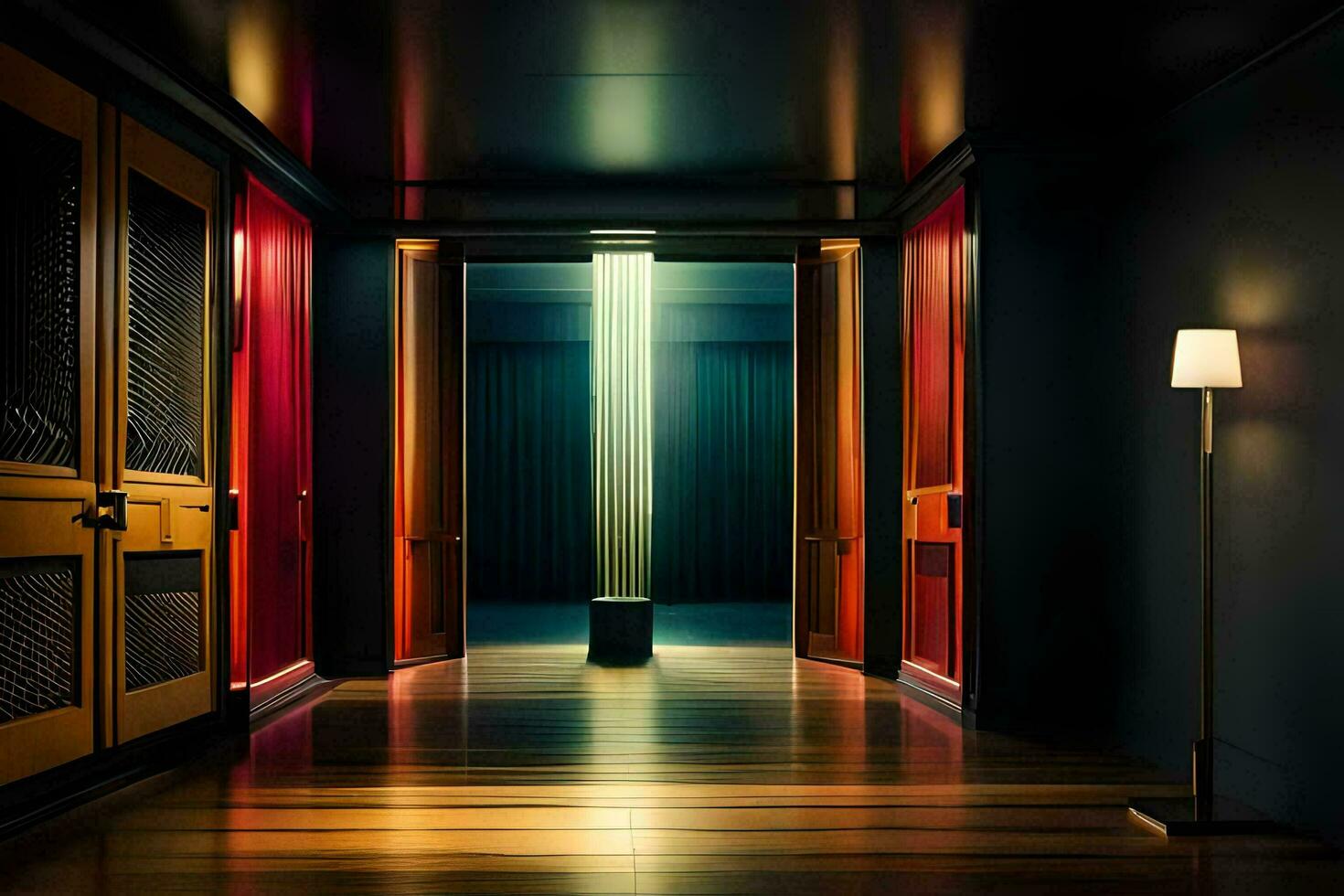 a hallway with wooden floors and red doors. AI-Generated photo