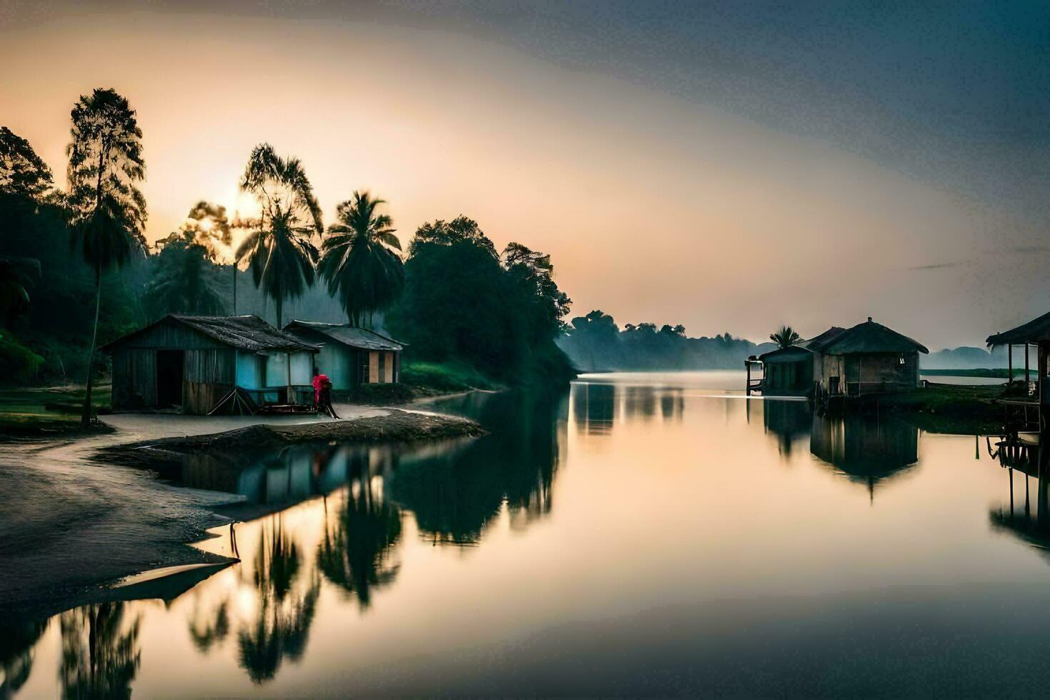a river at sunset with houses and palm trees. AI-Generated photo