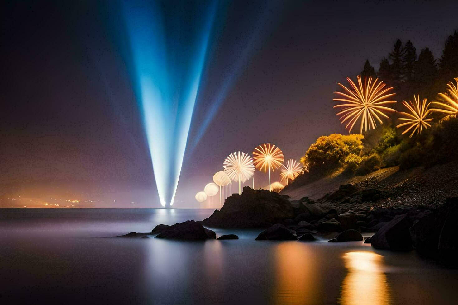 fireworks are lit up in the sky over the water. AI-Generated photo