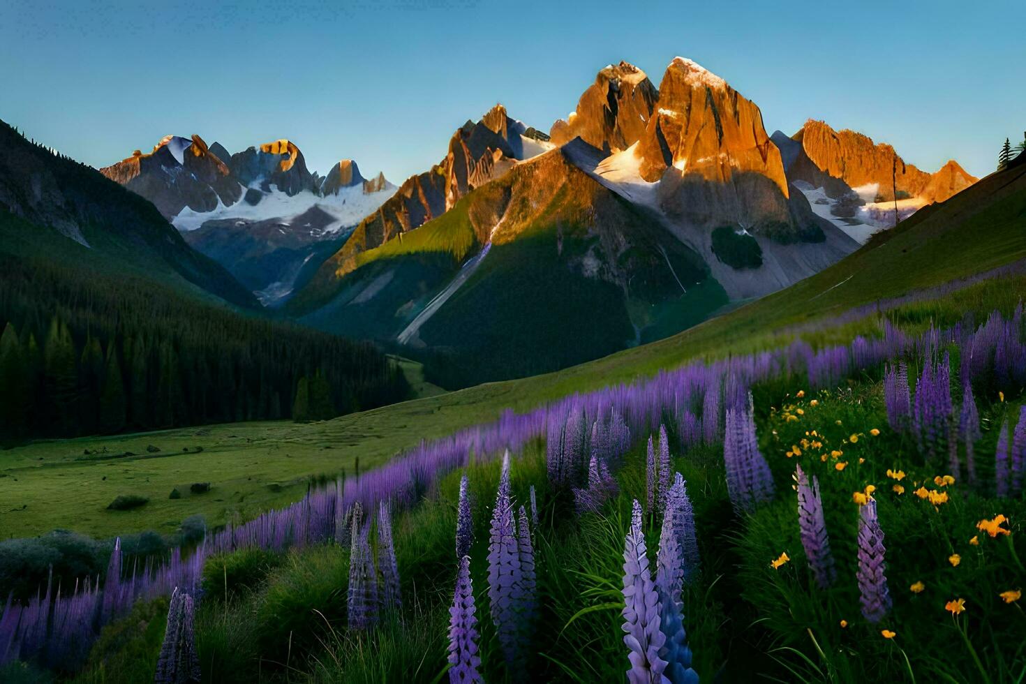 the sun rises over the mountains and flowers in the foreground. AI-Generated photo