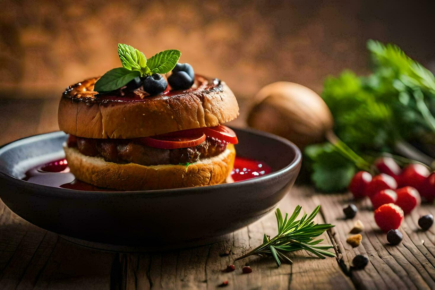 a hamburger with berries and herbs on a plate. AI-Generated photo