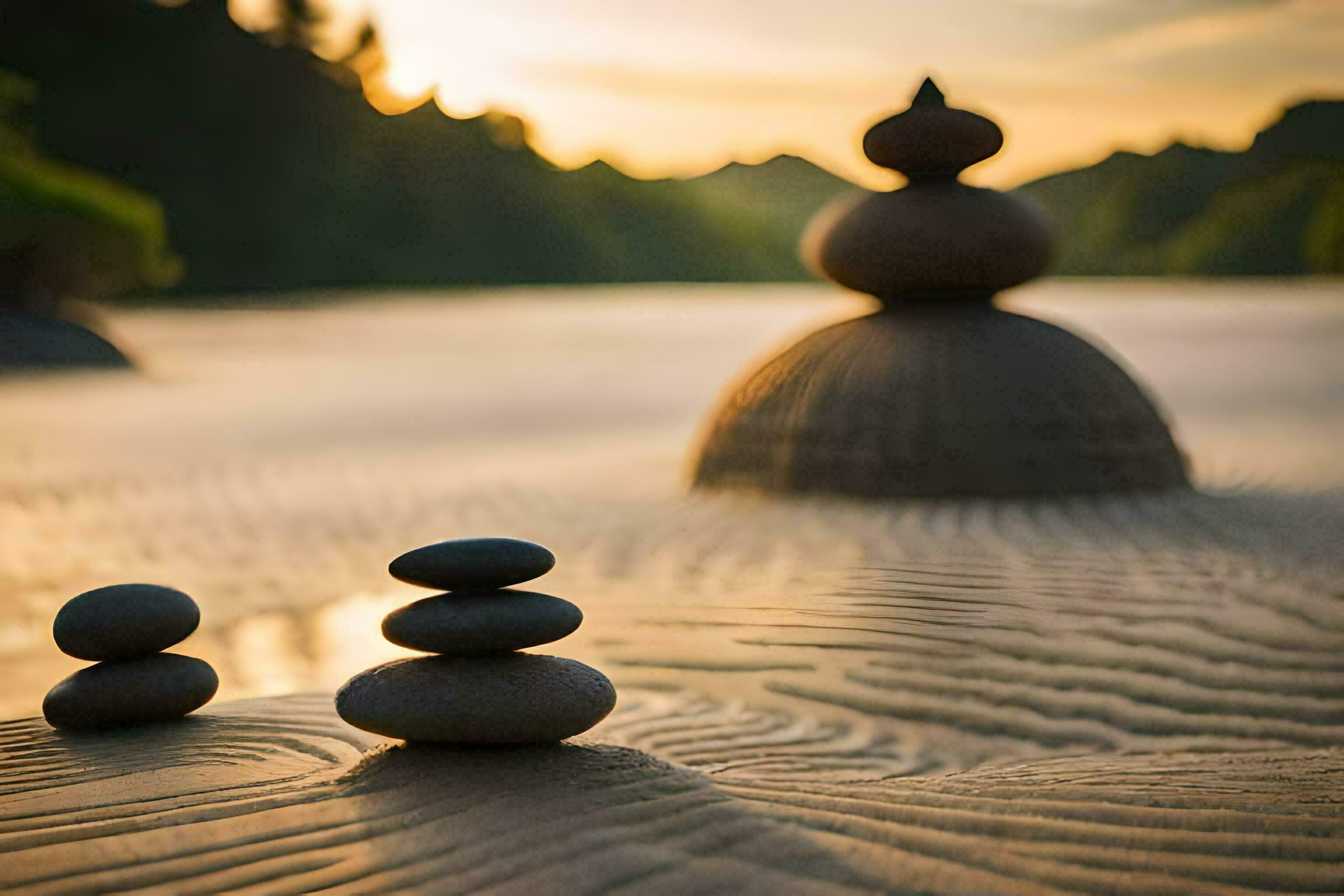 three rocks stacked on top of each other in the sand. AIGenerated