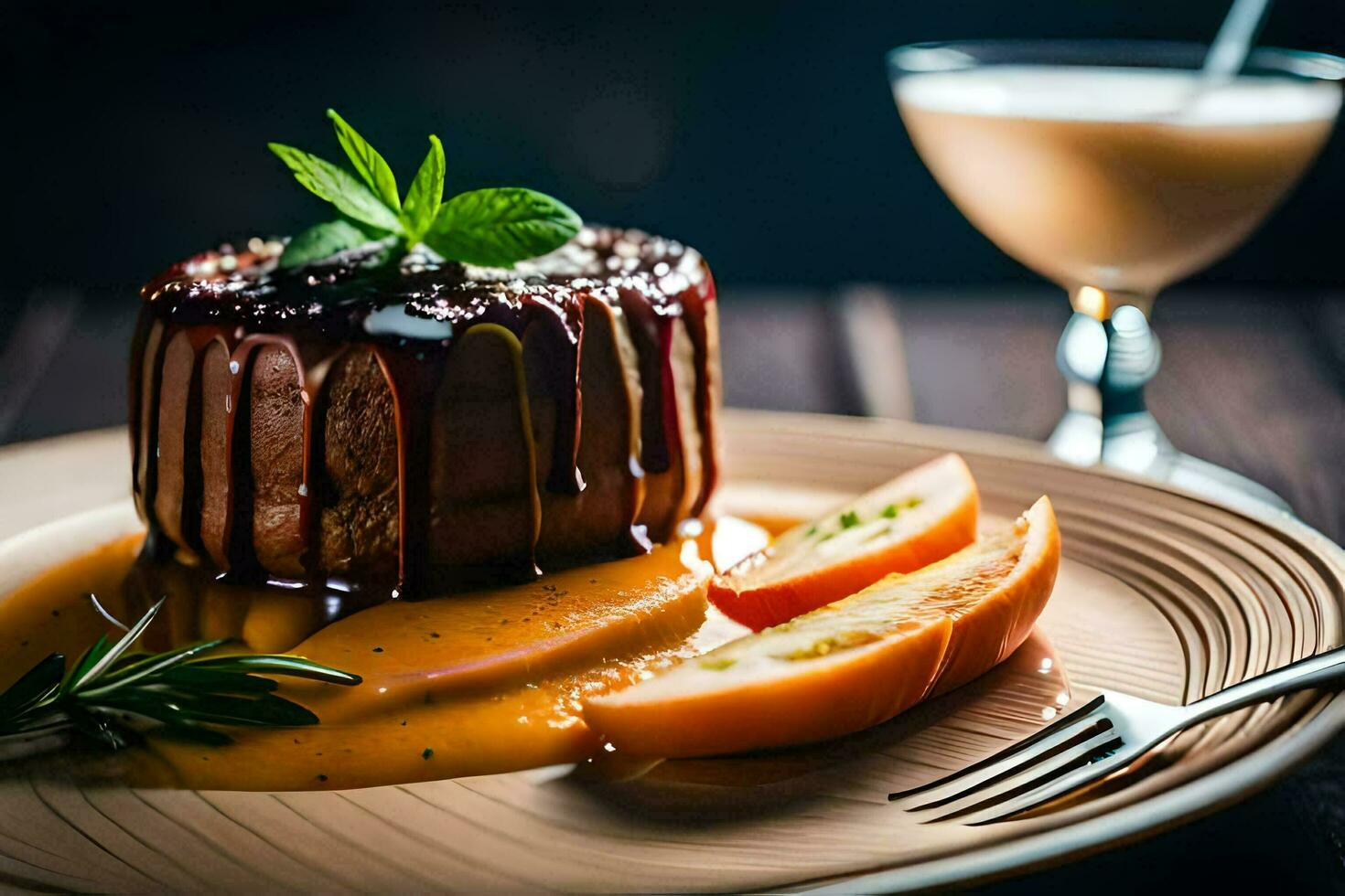 a dessert with fruit and chocolate sauce. AI-Generated photo