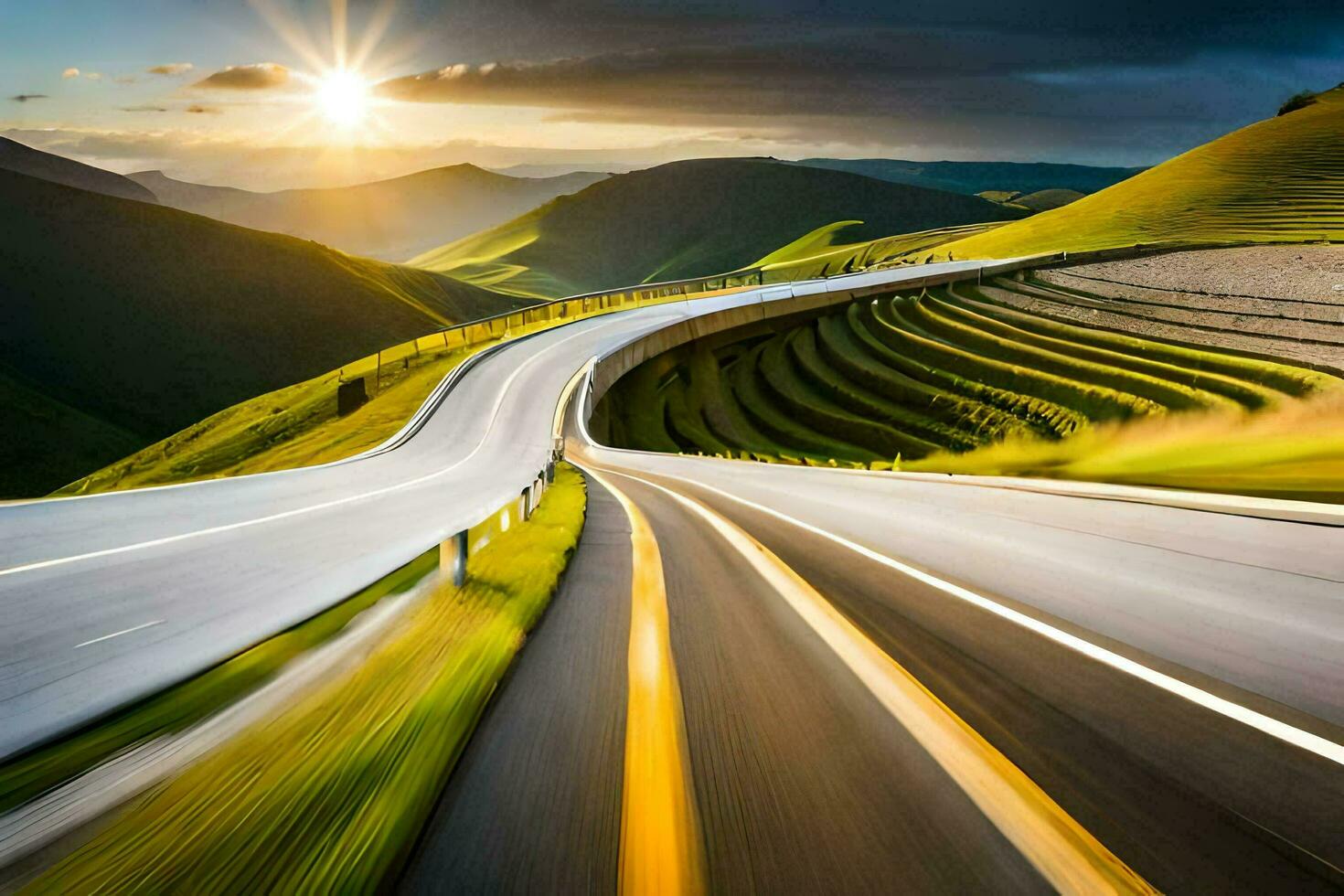 a long, winding road with the sun setting behind it. AI-Generated photo