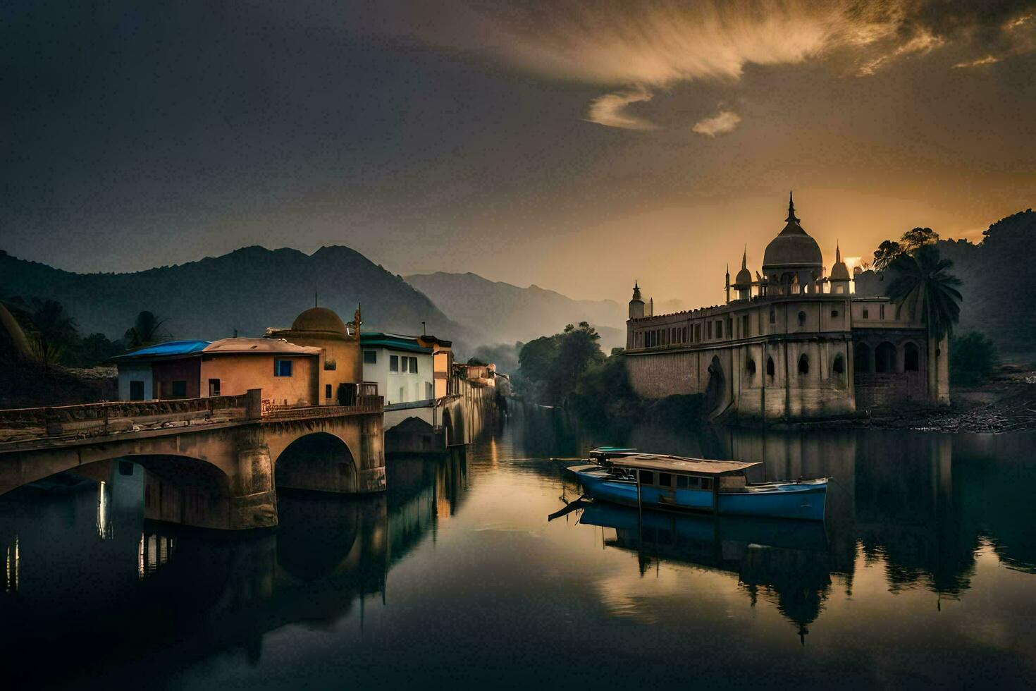 foto fondo de pantalla el cielo, puente, río, atardecer, India, el ciudad, río,. generado por ai