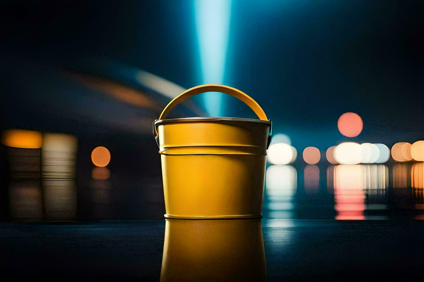 a yellow bucket sitting on a table at night. AI-Generated photo