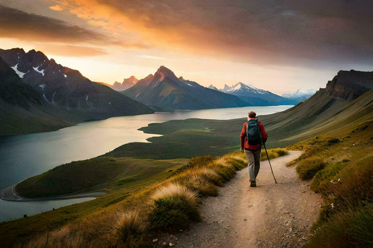 a man walks on a trail in the mountains. AI-Generated photo