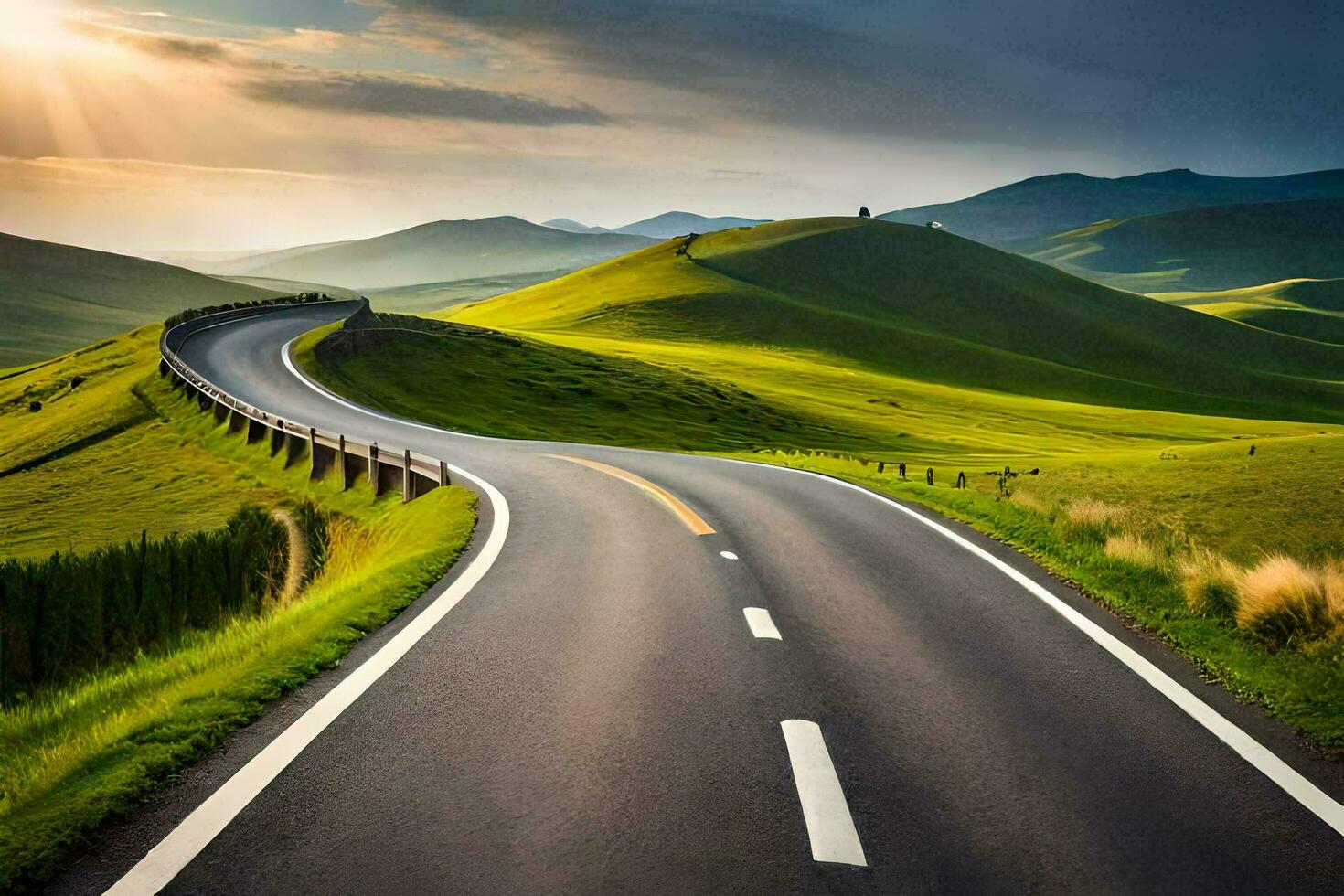 a long road with grassy hills and sun shining. AI-Generated photo
