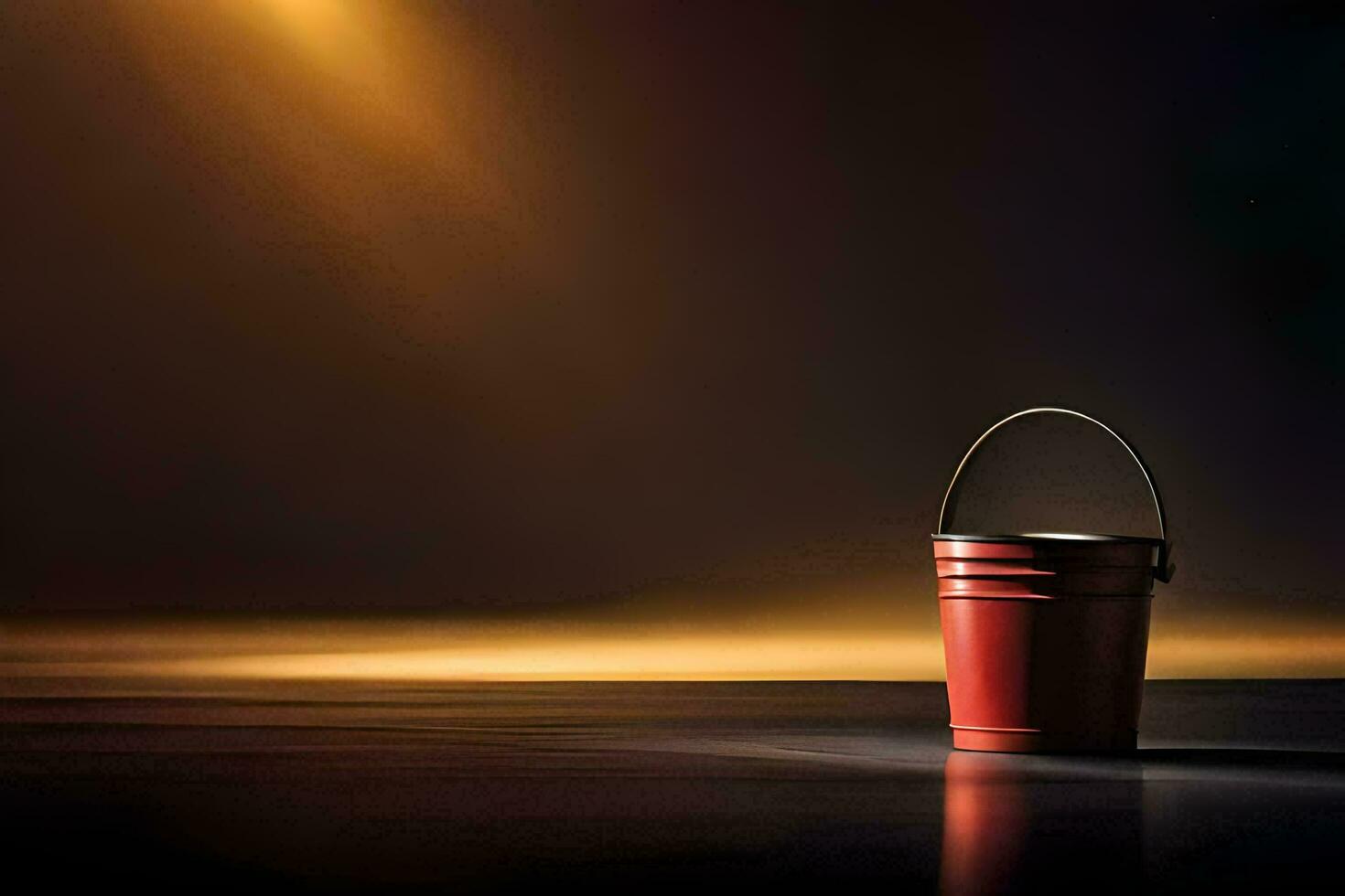 a red bucket on a dark floor with a spotlight. AI-Generated photo