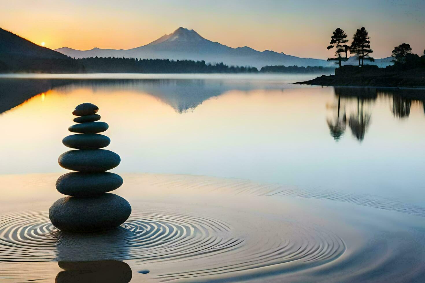 a stack of stones in the water at sunrise. AI-Generated photo