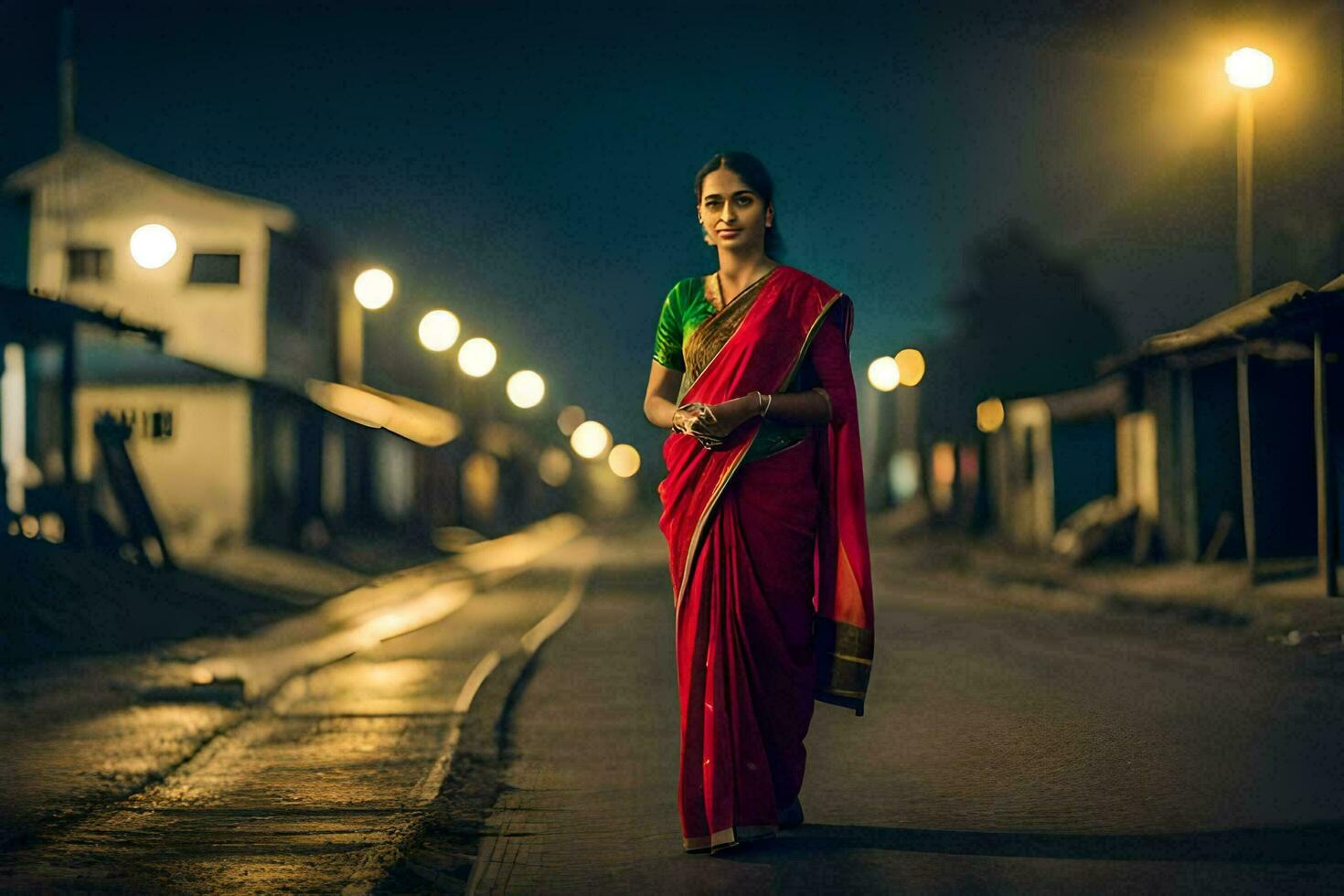 a woman in a red sari walks down a street at night. AI-Generated photo