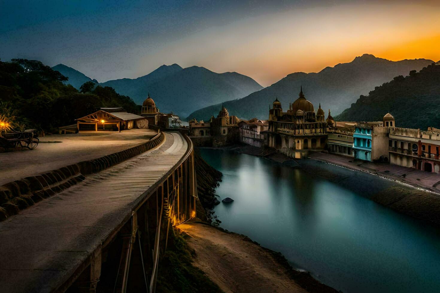 the sun sets over a river in india. AI-Generated photo