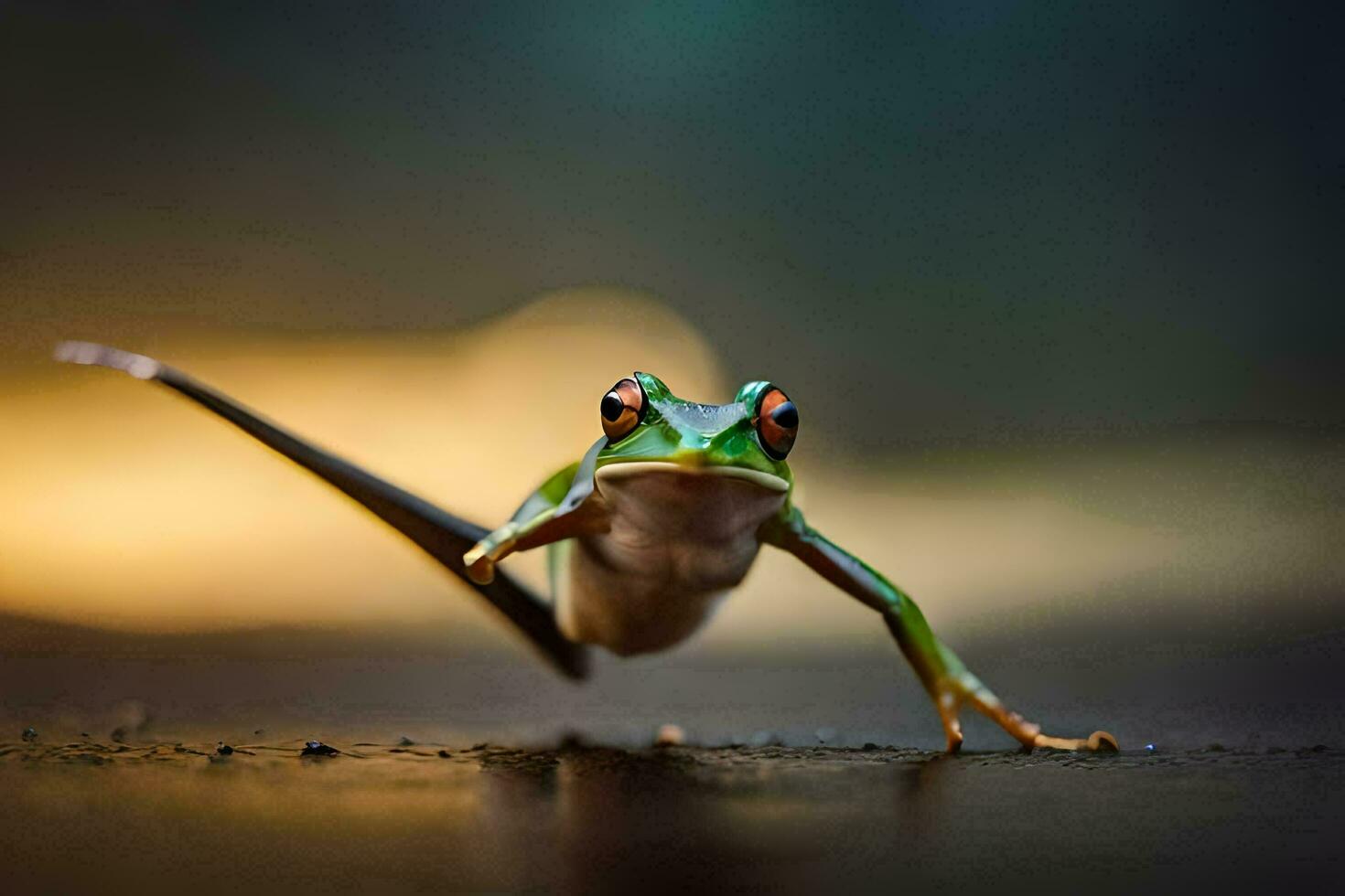 a frog is jumping on the ground. AI-Generated photo