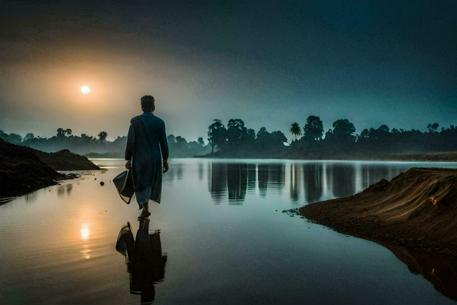 a man walking across the water at sunset. AI-Generated photo