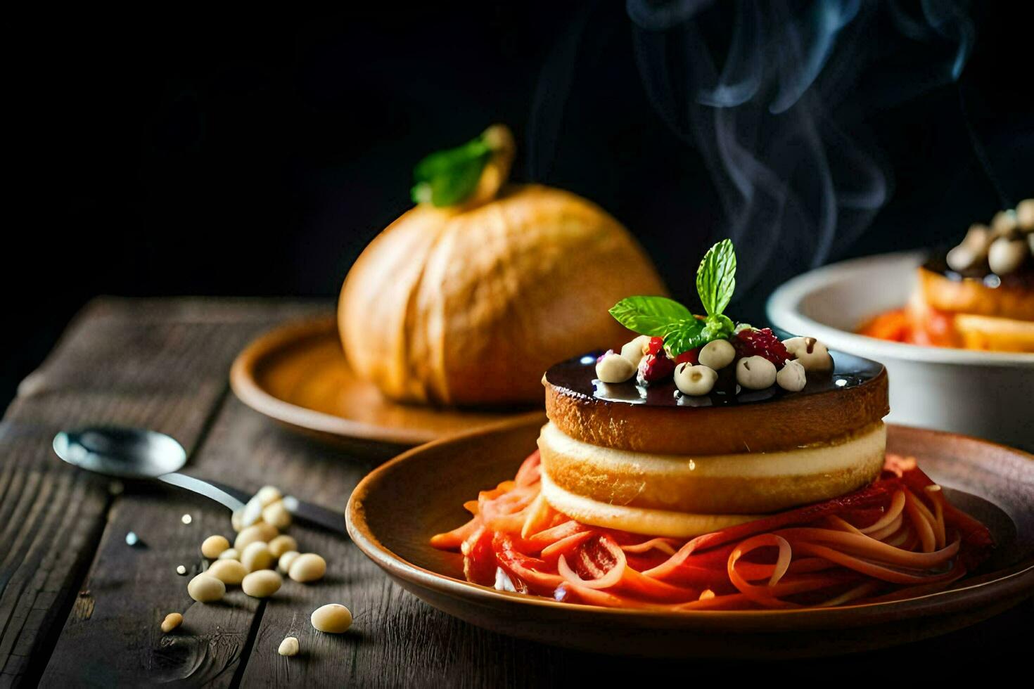 two plates with spaghetti and pumpkin on them. AI-Generated photo