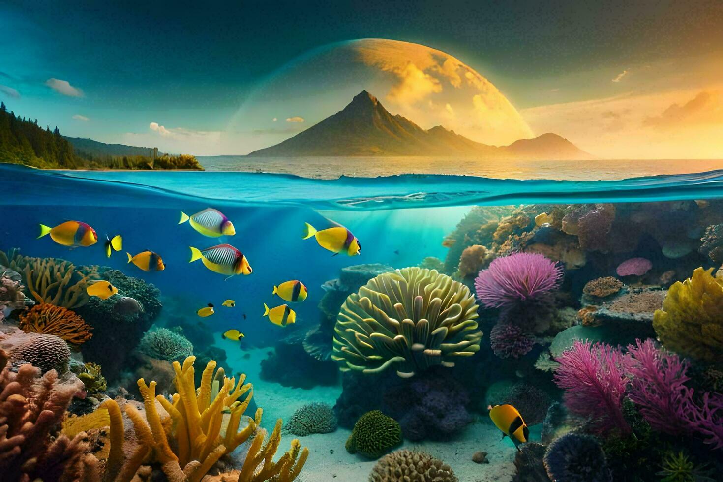 the ocean and coral reefs with an island in the background. AI-Generated photo