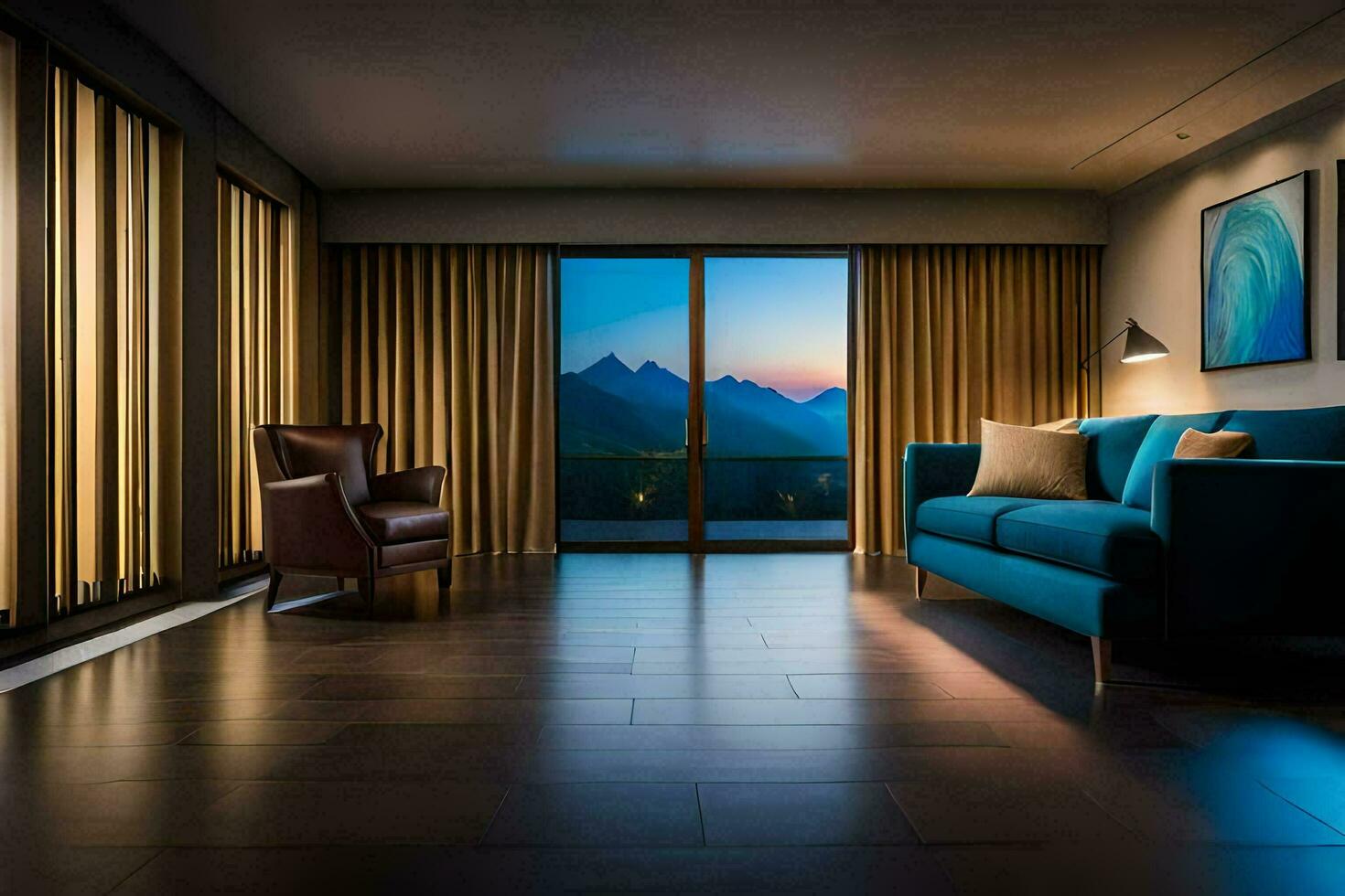 a living room with a blue couch and a view of mountains. AI-Generated photo