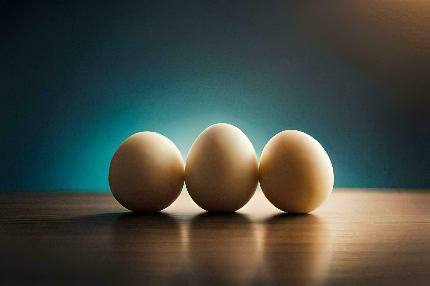 three eggs are sitting on a table. AI-Generated photo
