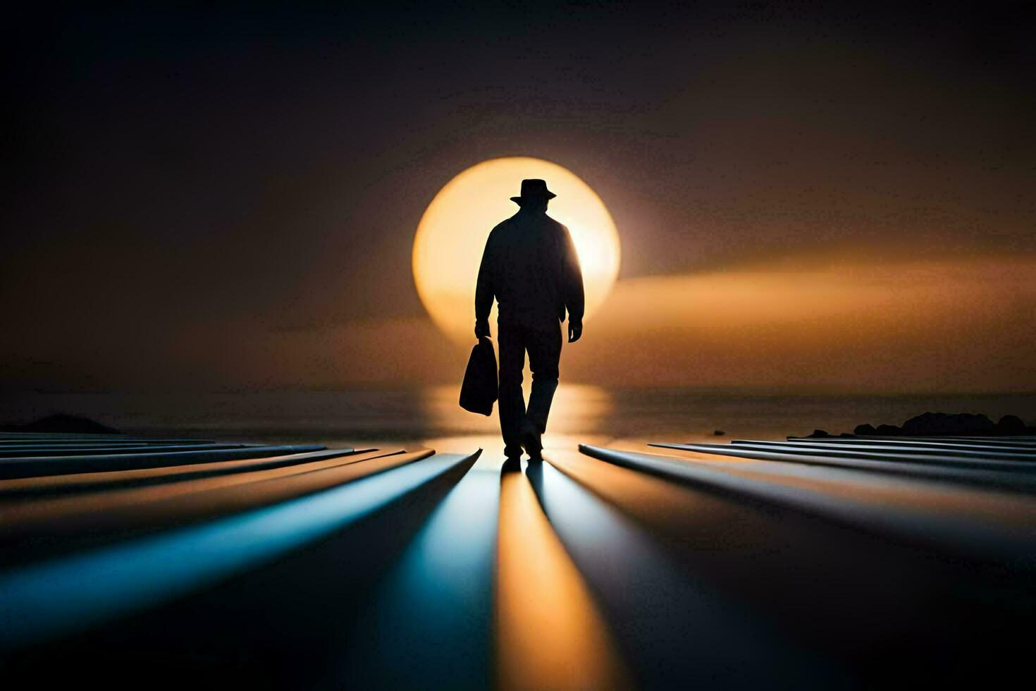 a man in a hat and suit walking on a beach at sunset. AI-Generated photo