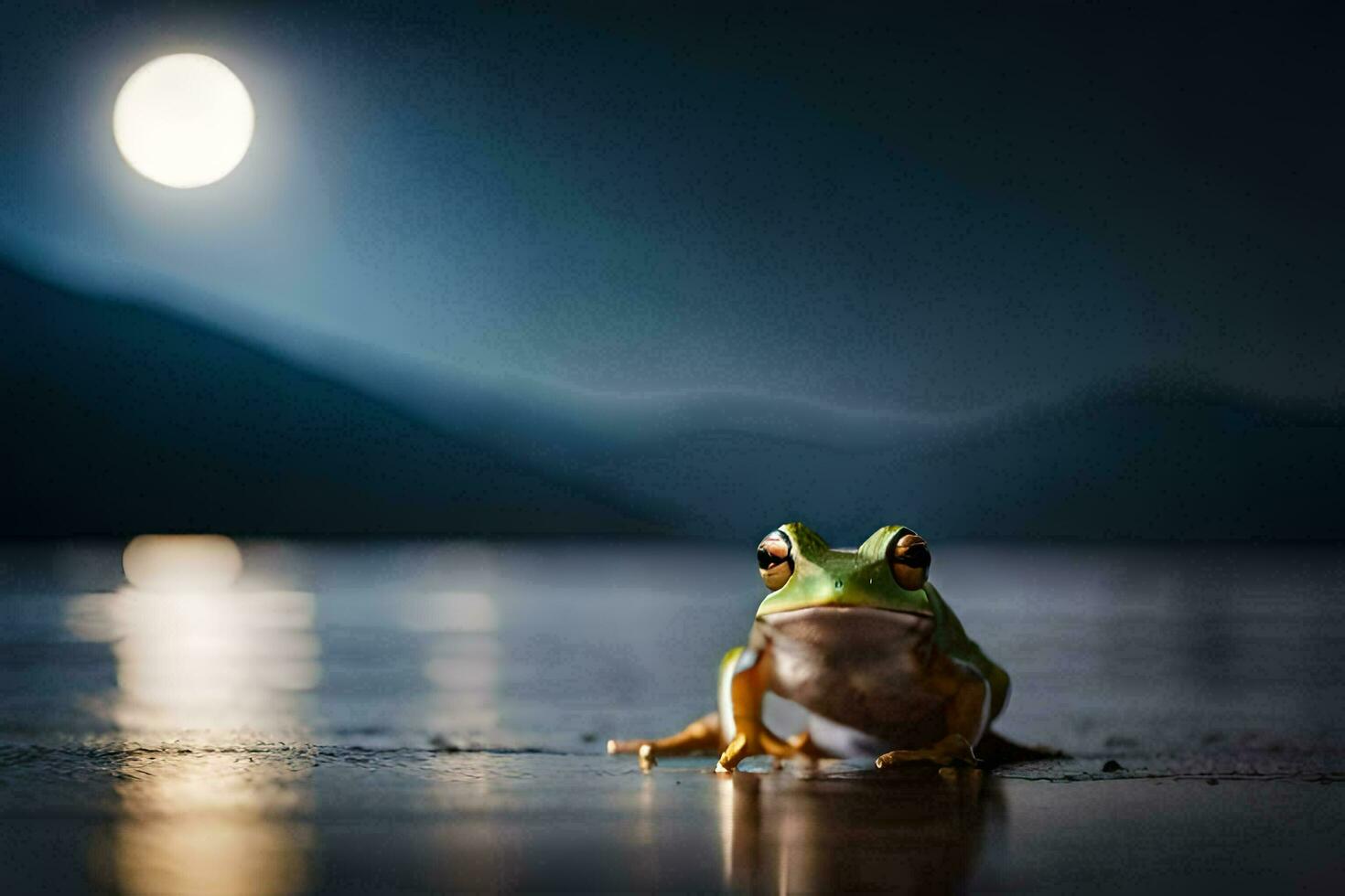 a frog sitting on the ground at night with a full moon in the background. AI-Generated photo