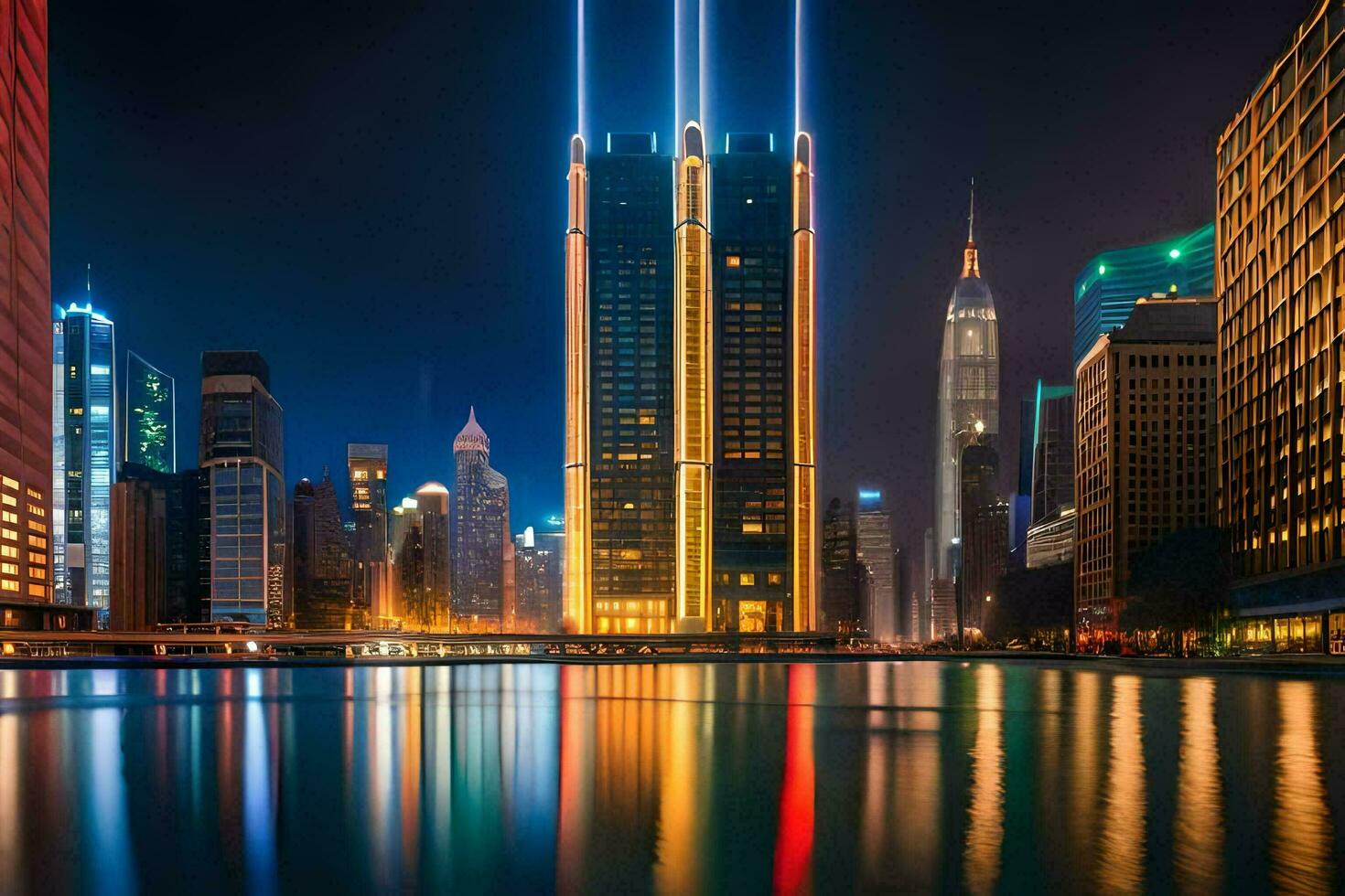 the city skyline at night with lights shining on it. AI-Generated photo
