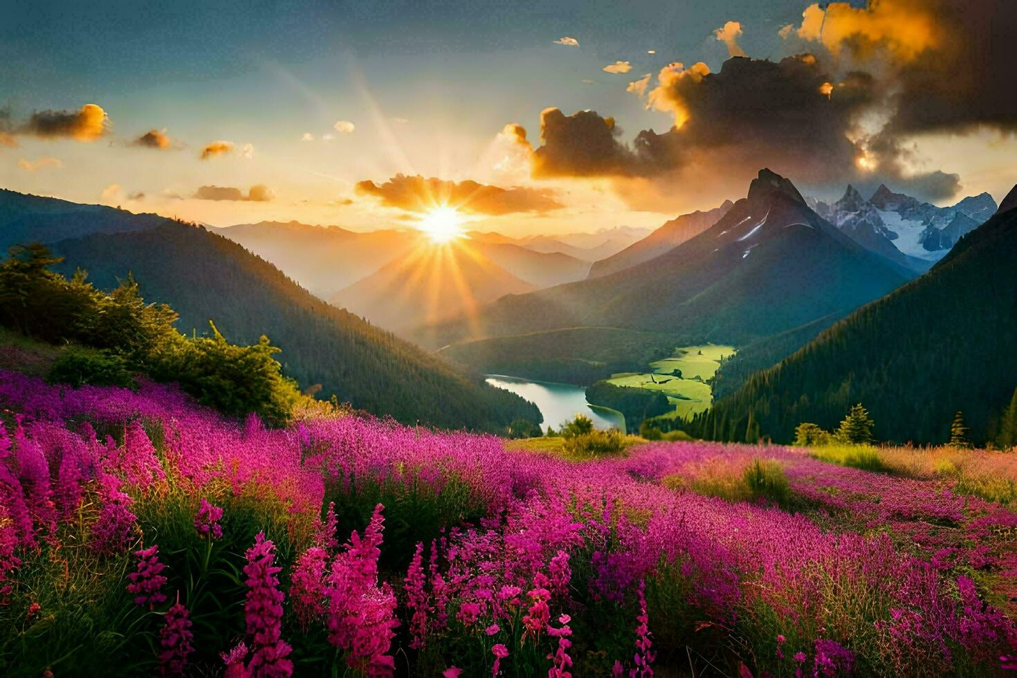 the sun rises over the mountains and flowers in the foreground. AI-Generated photo