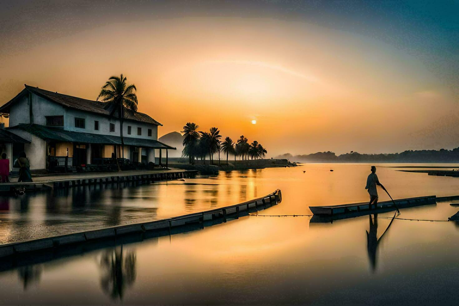 un hombre es caminando a través de el agua a puesta de sol. generado por ai foto