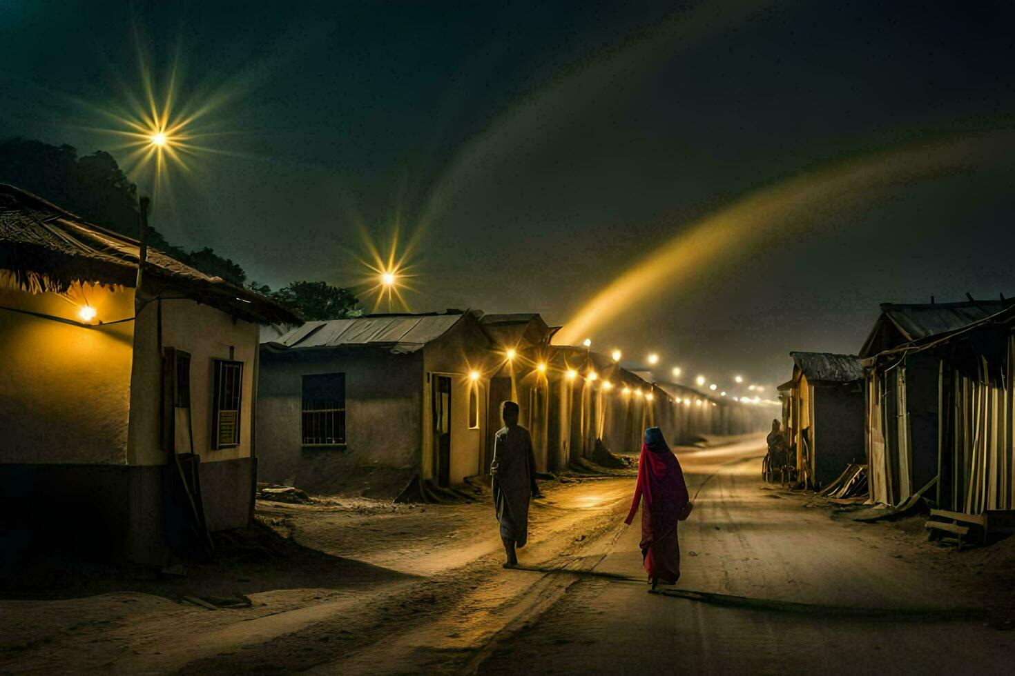 a man and woman walk down a dirt road at night. AI-Generated photo