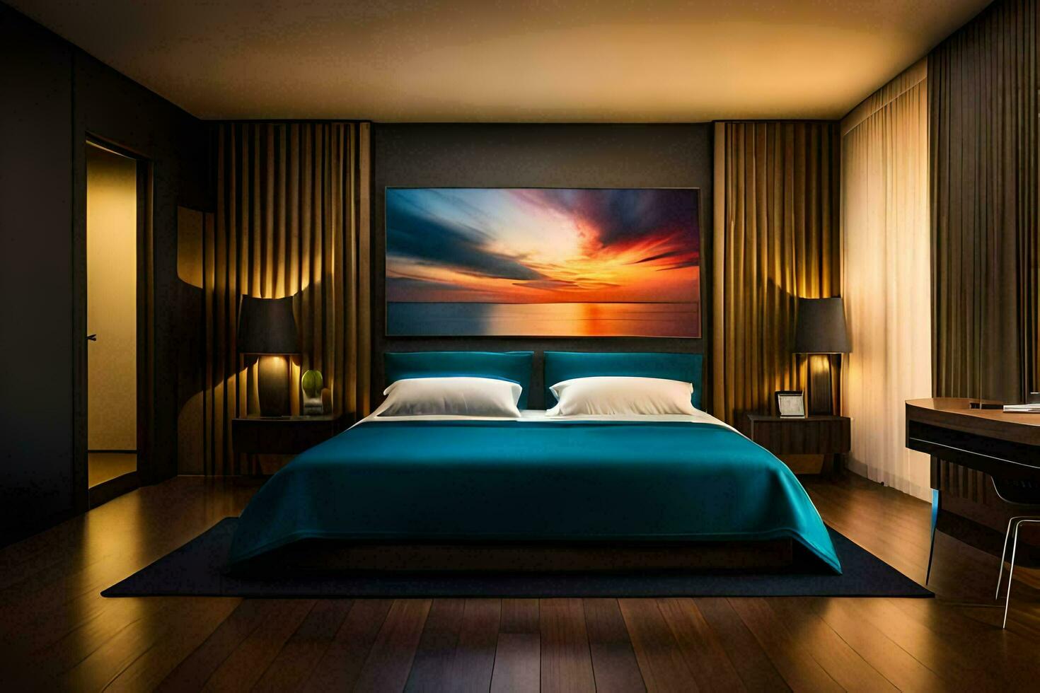 a modern bedroom with a large painting on the wall. AI-Generated photo