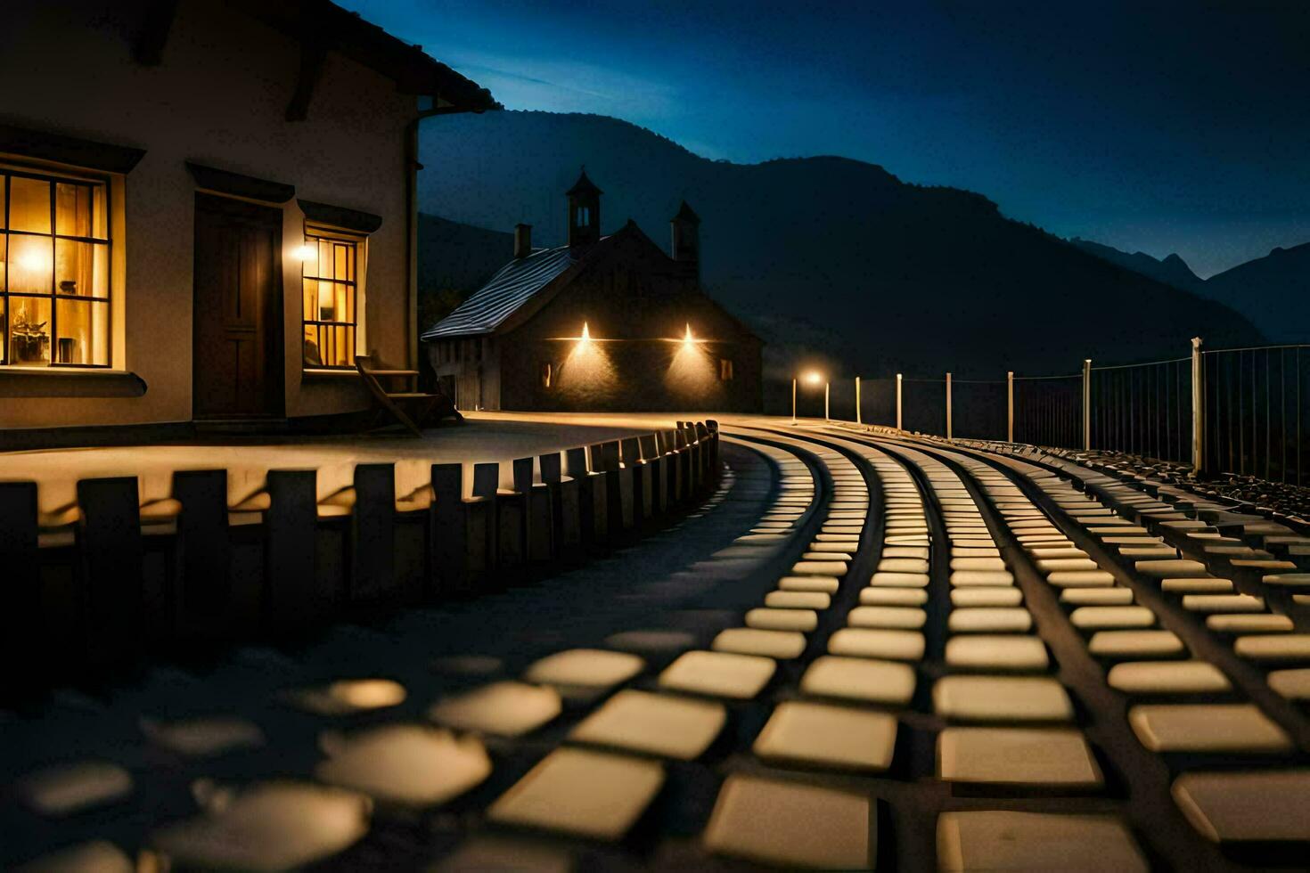 a cobblestone road in front of a house at night. AI-Generated photo