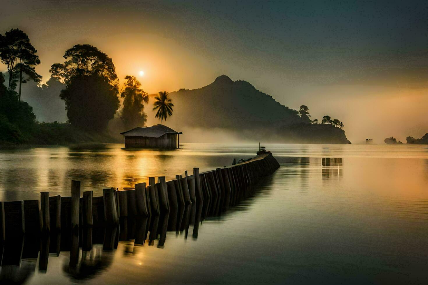 the sun rises over a lake and a wooden dock. AI-Generated photo