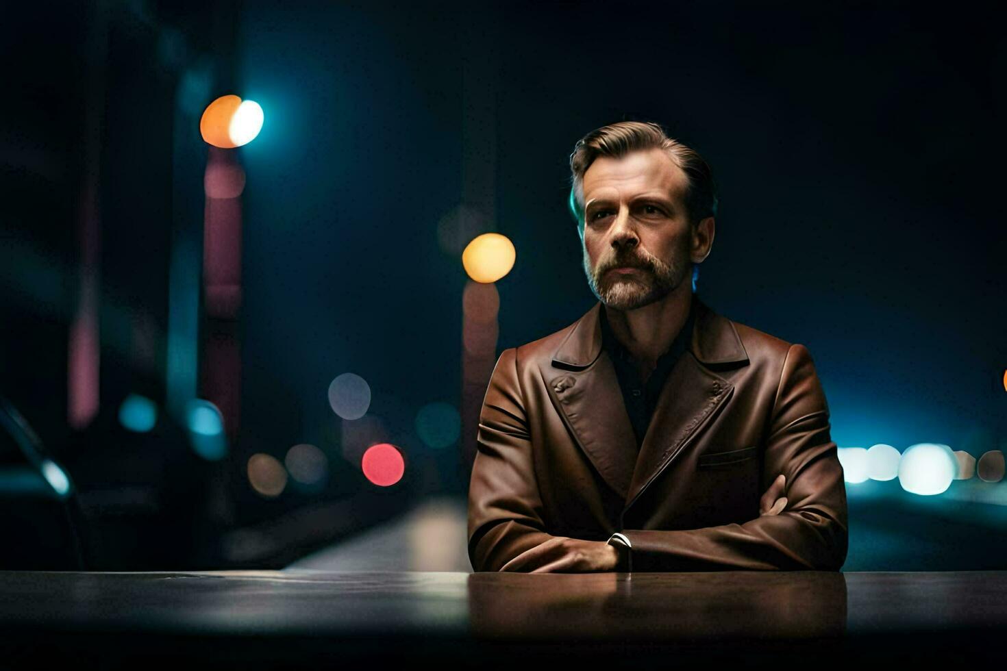 a man in a leather jacket sitting at a table. AI-Generated photo