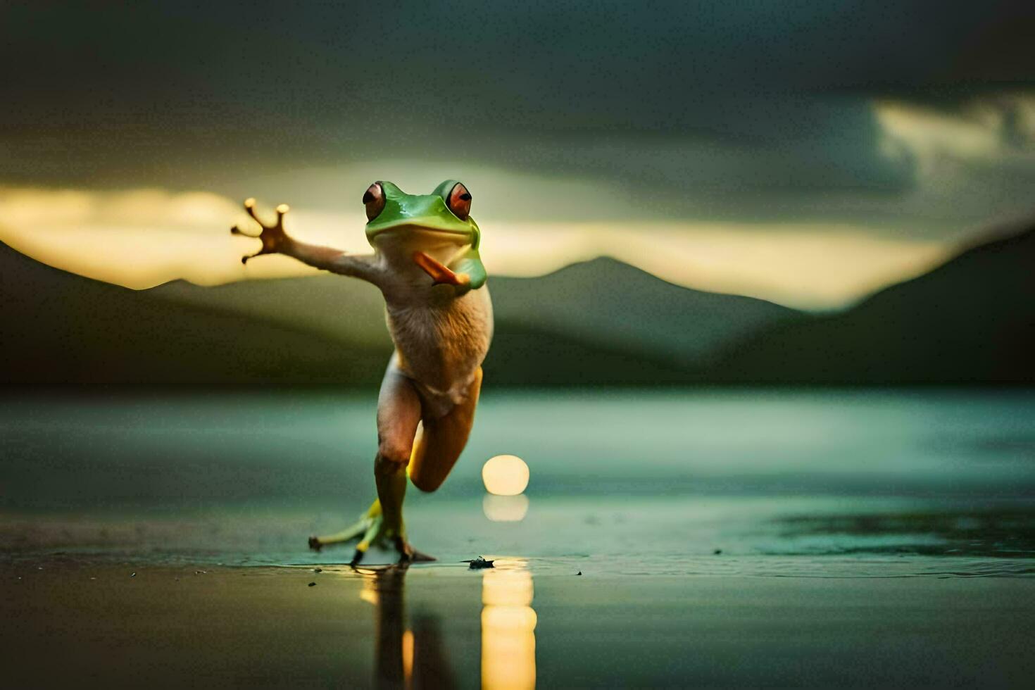 a frog jumping in the water with its arms outstretched. AI-Generated photo