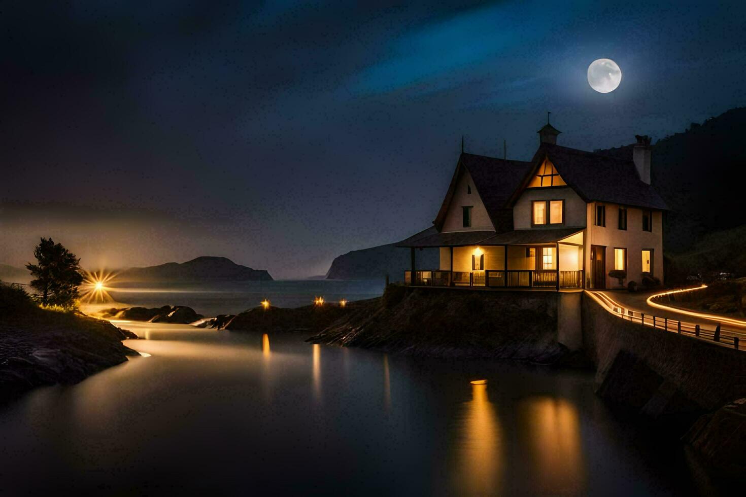 a house on the shore of a lake at night. AI-Generated photo