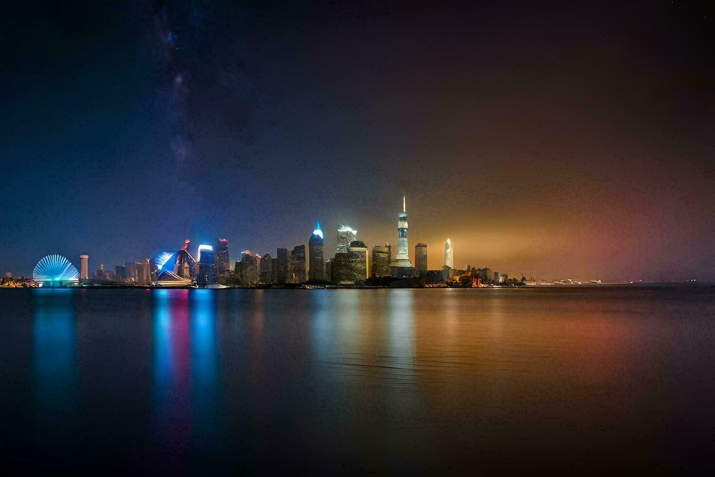 el ciudad horizonte a noche con el lechoso camino en el antecedentes. generado por ai foto