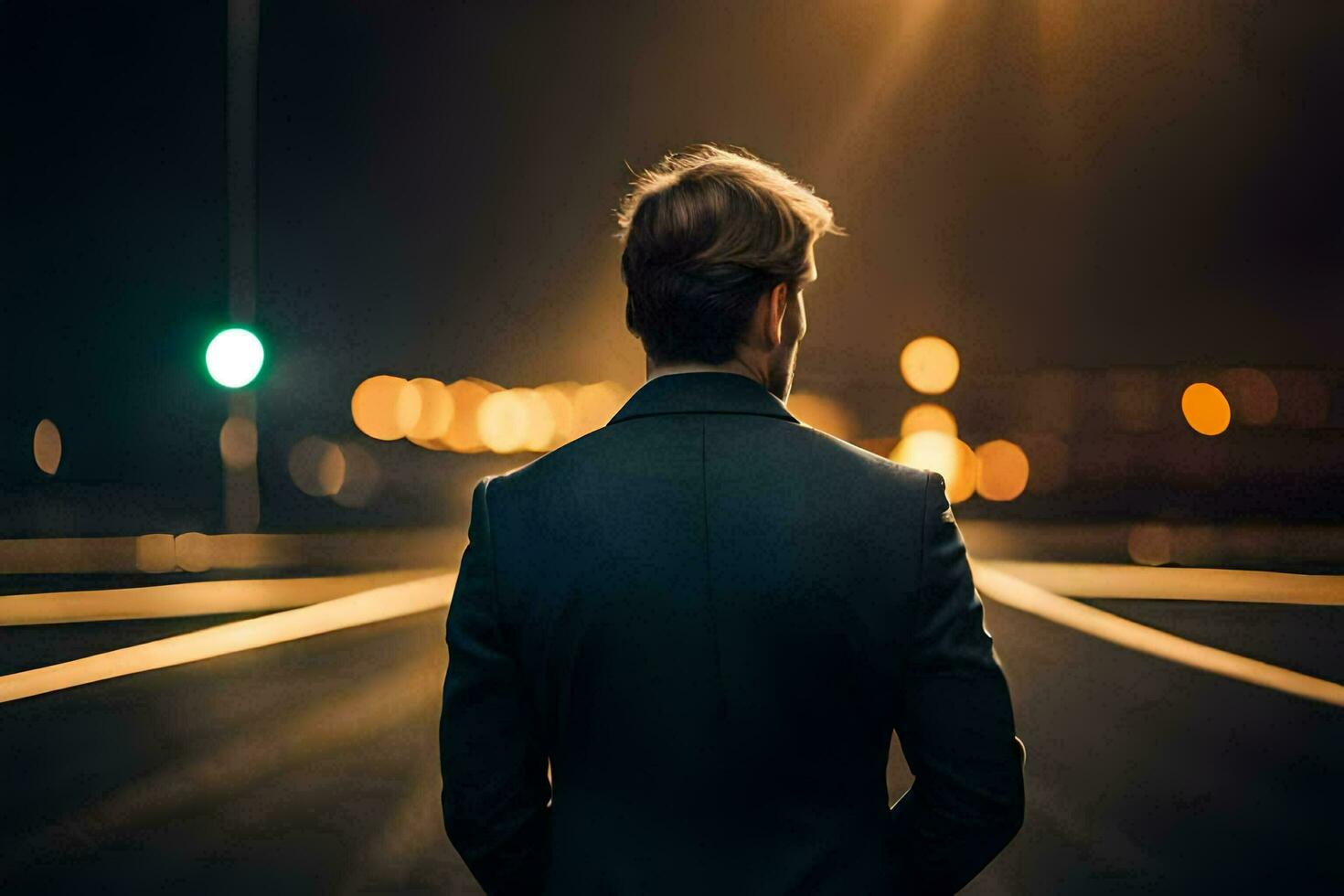 a man in a suit stands on a street at night. AI-Generated photo