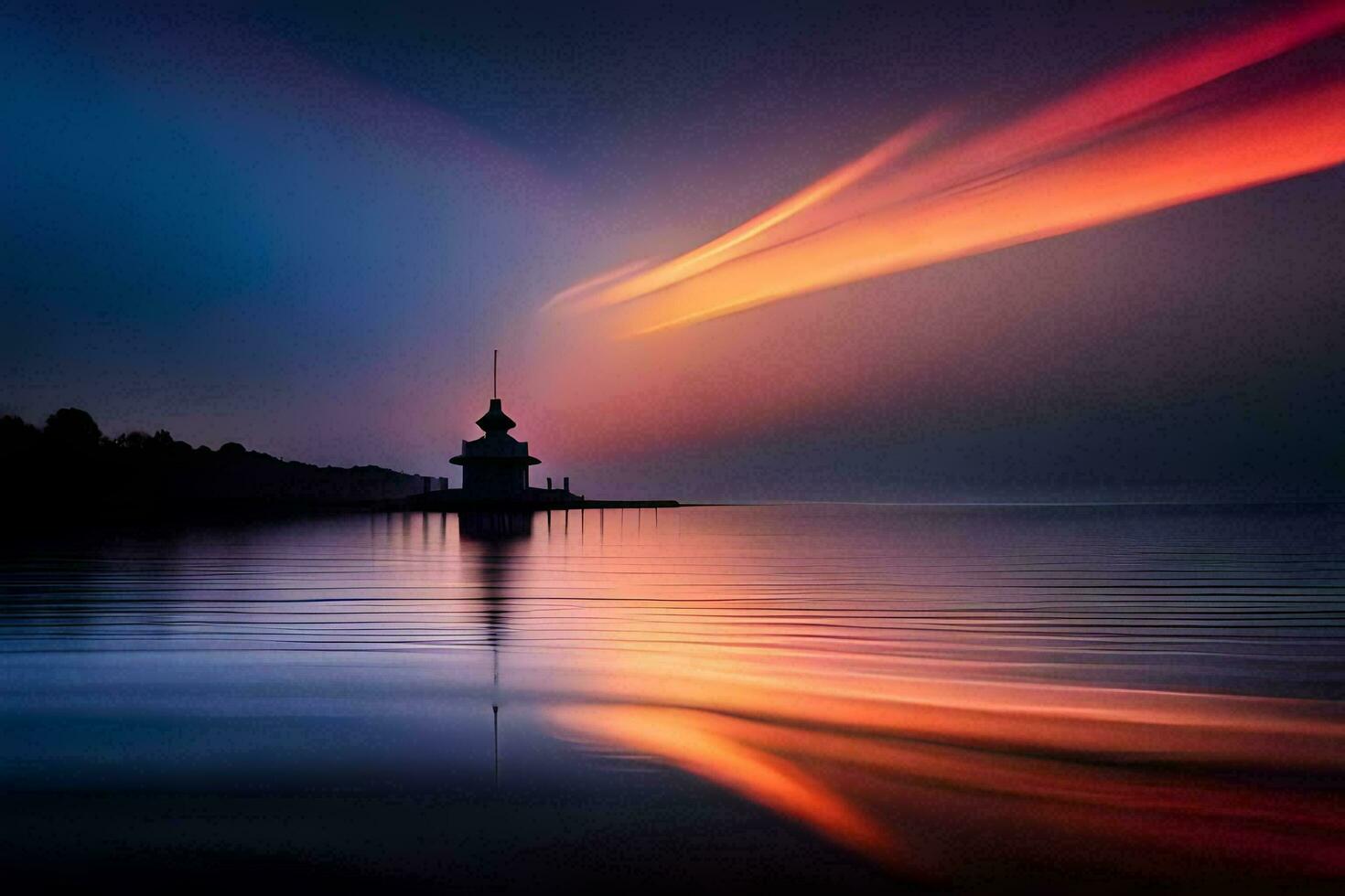 a lighthouse in the middle of a lake at sunset. AI-Generated photo