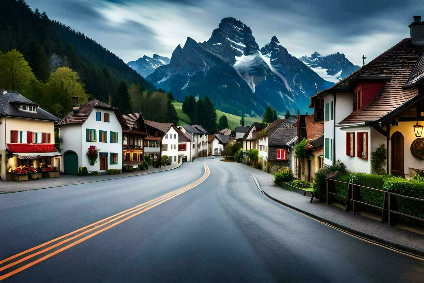 a street in the alps with mountains in the background. AI-Generated photo