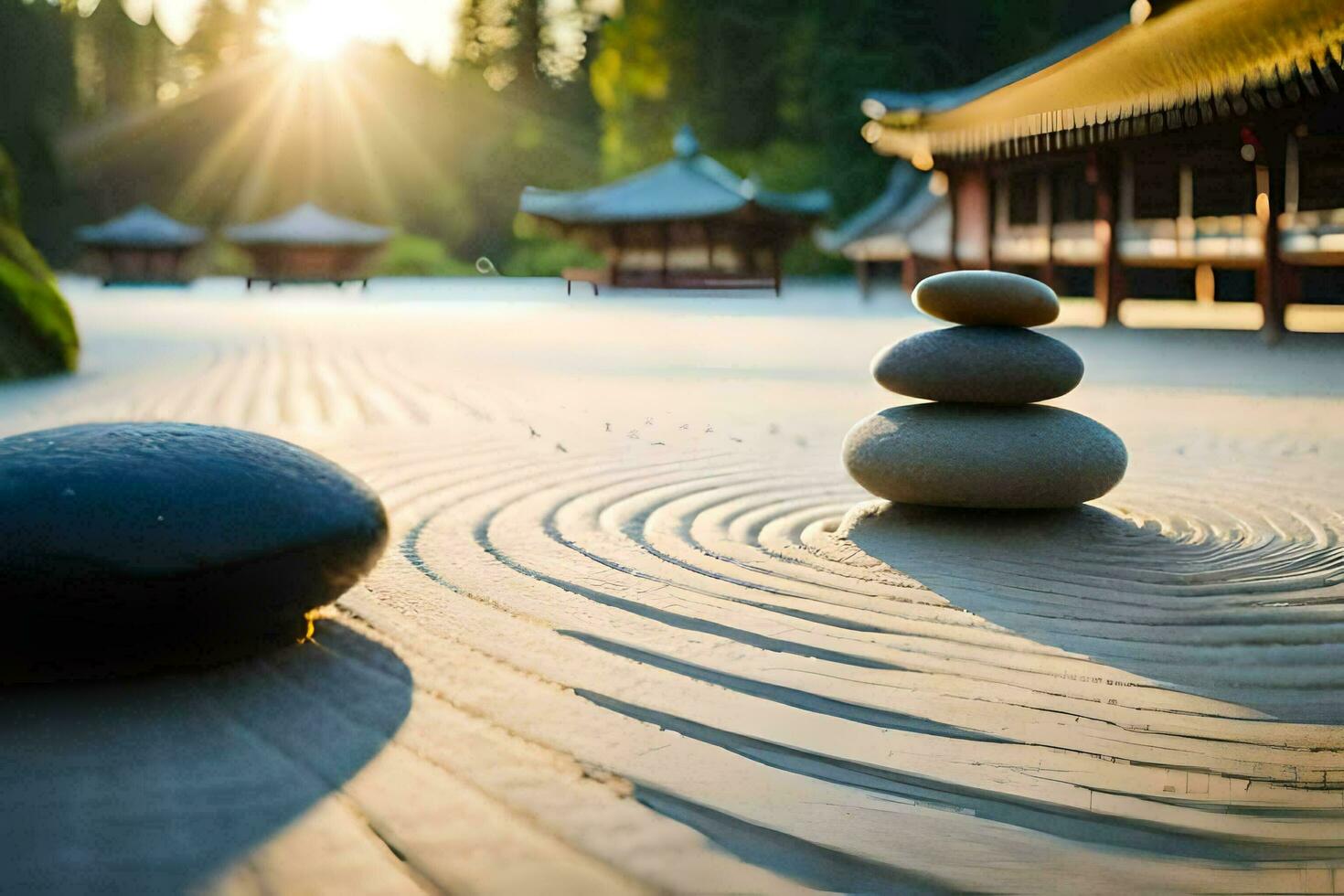 a zen garden with stones and a pagoda in the background. AI-Generated photo
