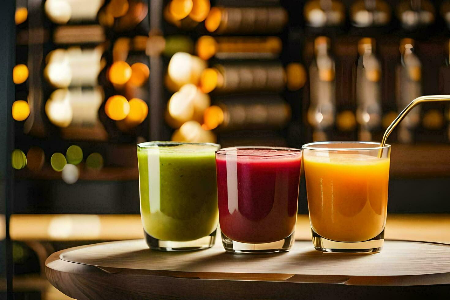three different juices sit on a wooden table. AI-Generated photo