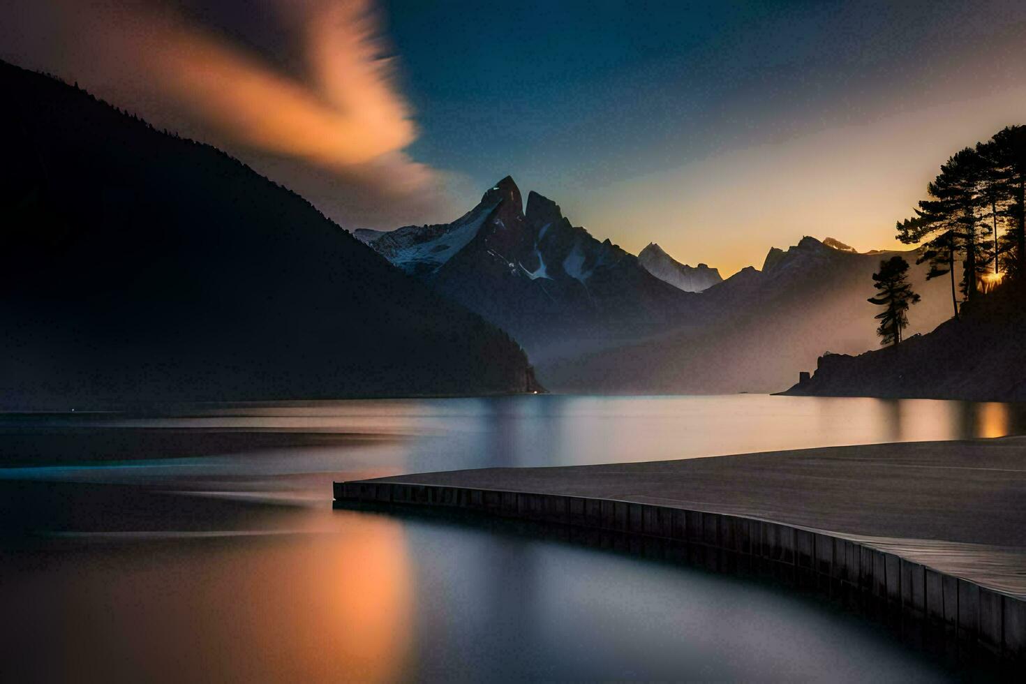 a lake and mountains at sunset. AI-Generated photo