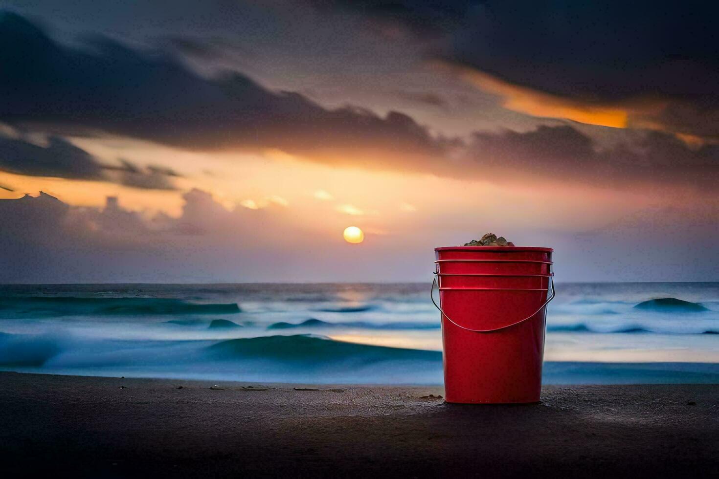 un rojo Cubeta en el playa a puesta de sol. generado por ai foto