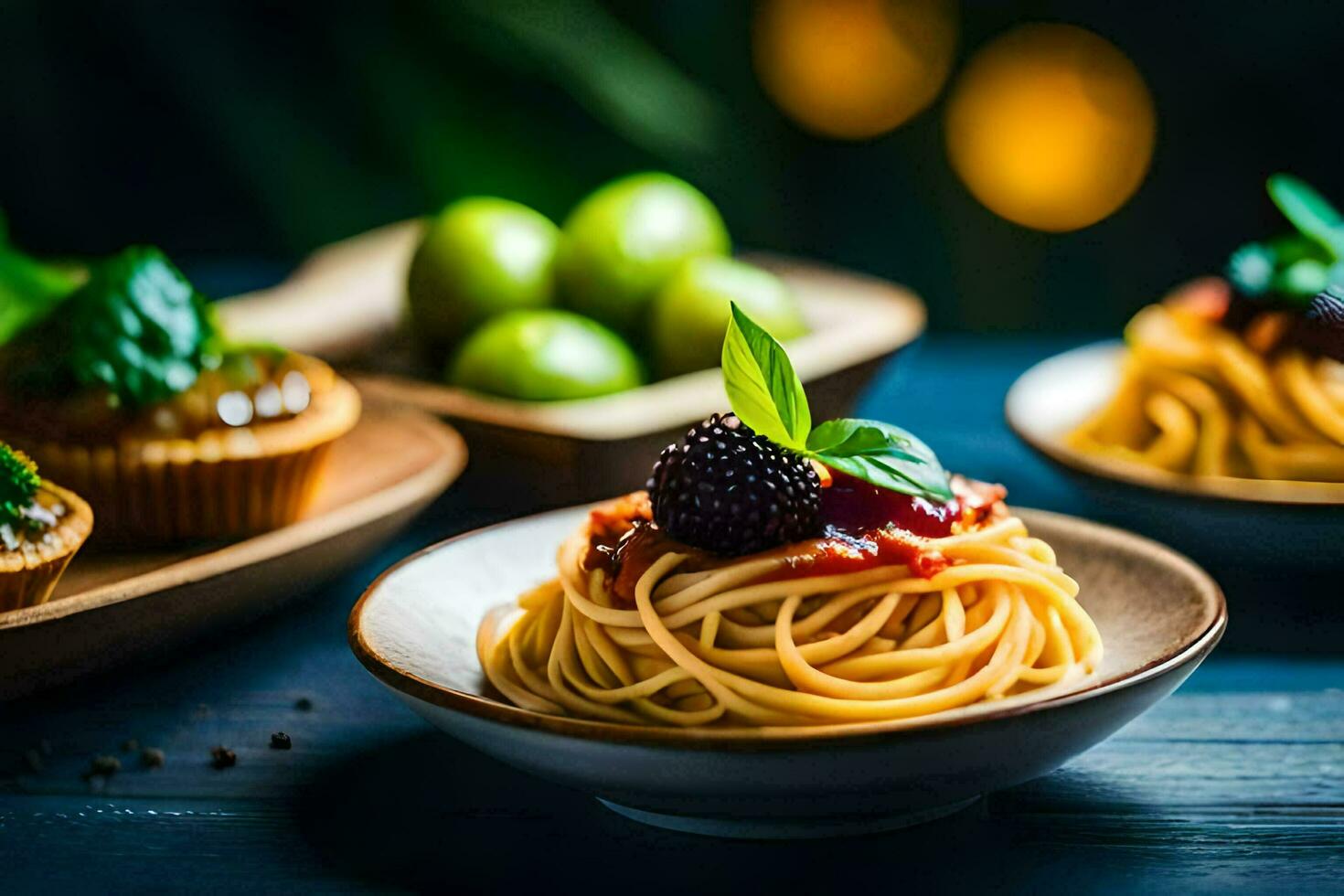 spaghetti with blackberries and basil on a wooden table. AI-Generated photo