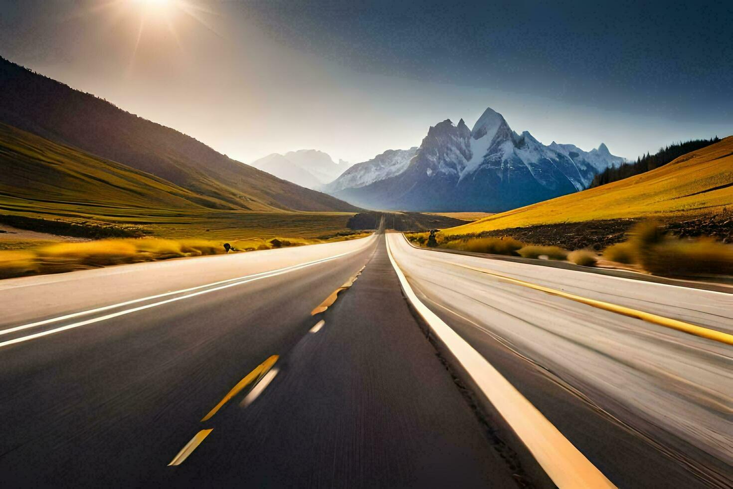 the sun shines on a road in the mountains. AI-Generated photo