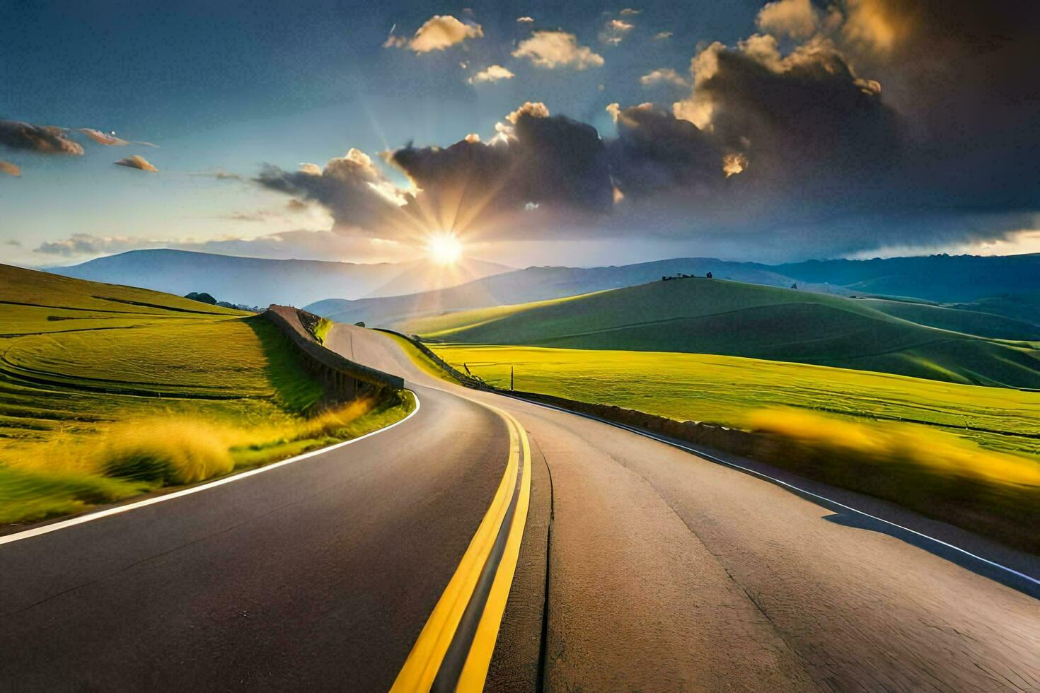 a road in the countryside with the sun setting. AI-Generated photo