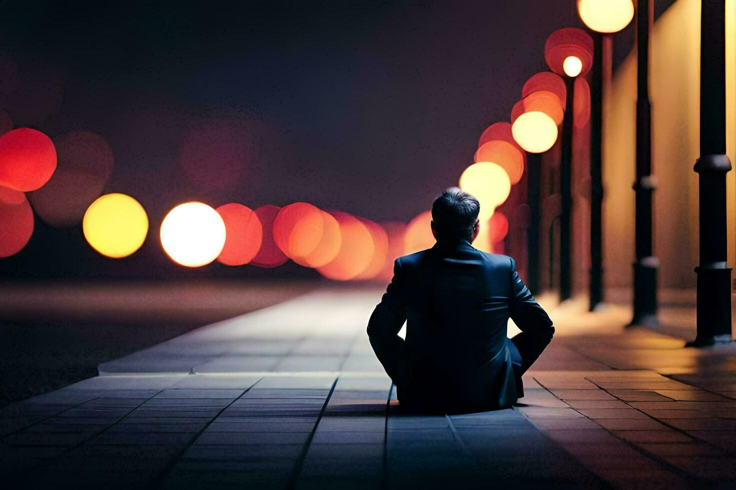 a man sitting on the ground at night with lights in the background. AI-Generated photo