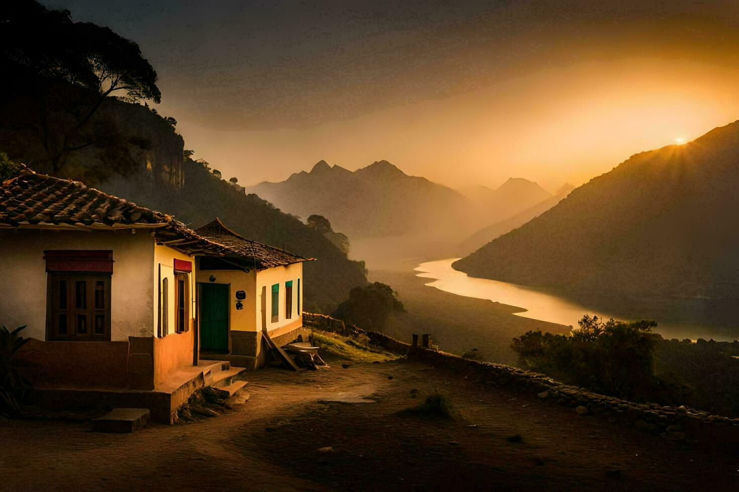 el Dom sube terminado el montañas y el casa en el primer plano. generado por ai foto