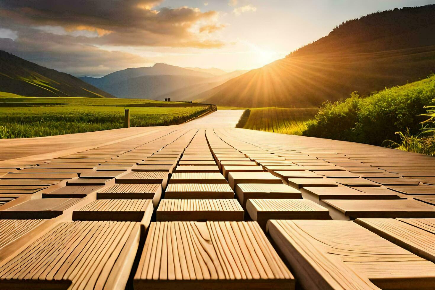 a wooden walkway in the middle of a field. AI-Generated photo