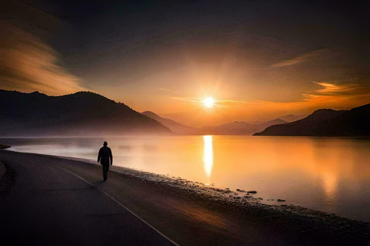 un hombre camina a lo largo el la carretera a puesta de sol. generado por ai foto