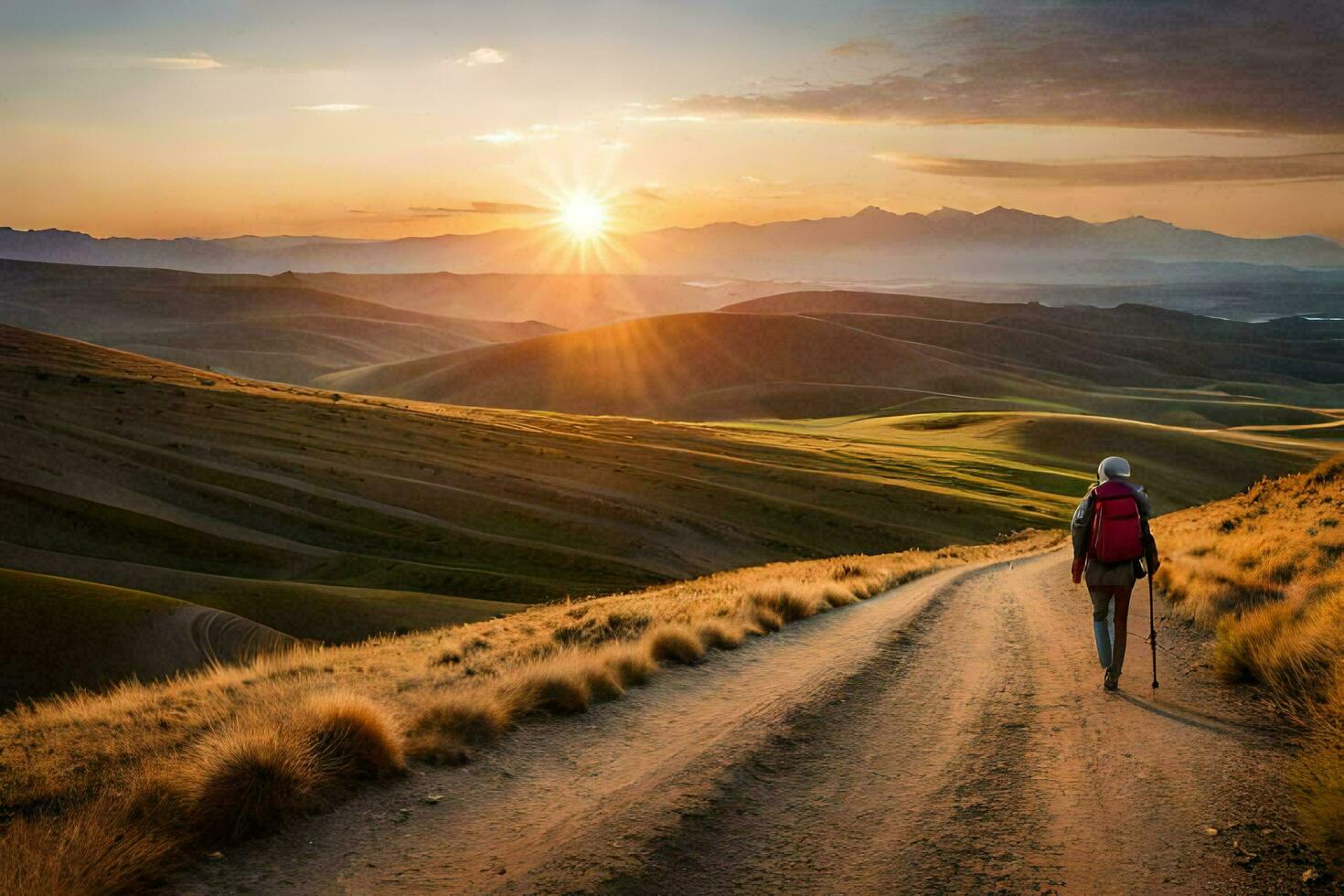 a person walking on a dirt road in the mountains. AI-Generated photo